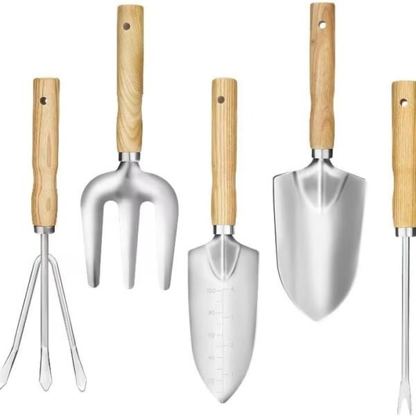 Garden Tool Set, 5 Piece Stainless Steel Gardening Tools with Wooden Handles Hand Tools with Transplanting Hand Shovel, Rake and Root Picker Ideal for Digging and Planting.