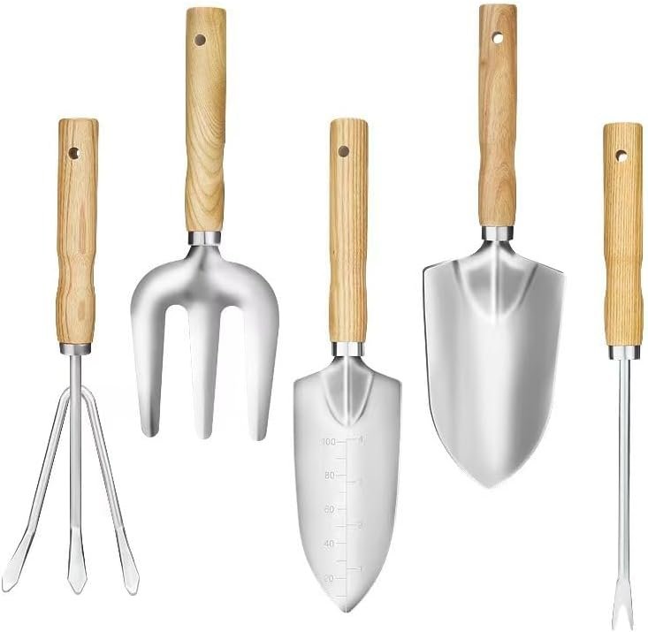 Garden Tool Set, 5 Piece Stainless Steel Gardening Tools with Wooden Handles Hand Tools with Transplanting Hand Shovel, Rake and Root Picker Ideal for Digging and Planting.