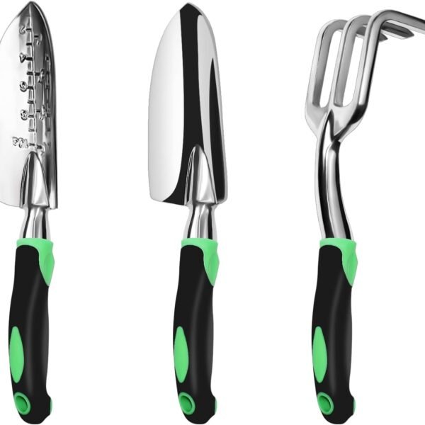 Garden Tool Set，100% Thicker Aluminum Gardening Kit,3 Pack | Includes Hand Trowel, Transplant Trowel and Cultivator Hand Rake，with Soft Rubberized Non-Slip Ergonomic Handle,Garden Gifts