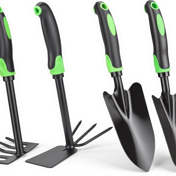 4-Piece Garden Tool Set, Heavy Duty Gardening Hand Tools with Soft Rubber Handle,Green,Premium Stailess Steel,Include Hand Shovel,Transplant Trowel,Hand Rakes, 2-in-1 Hoe and Cultivator