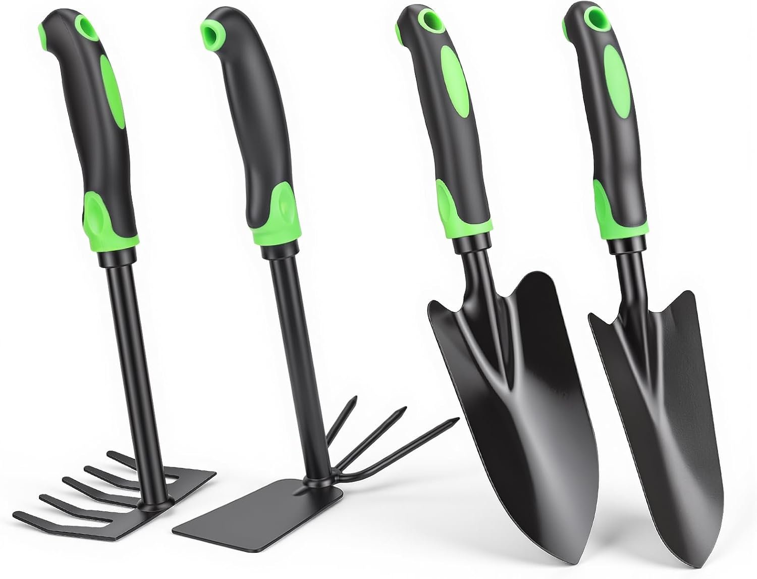 4-Piece Garden Tool Set, Heavy Duty Gardening Hand Tools with Soft Rubber Handle,Green,Premium Stailess Steel,Include Hand Shovel,Transplant Trowel,Hand Rakes, 2-in-1 Hoe and Cultivator