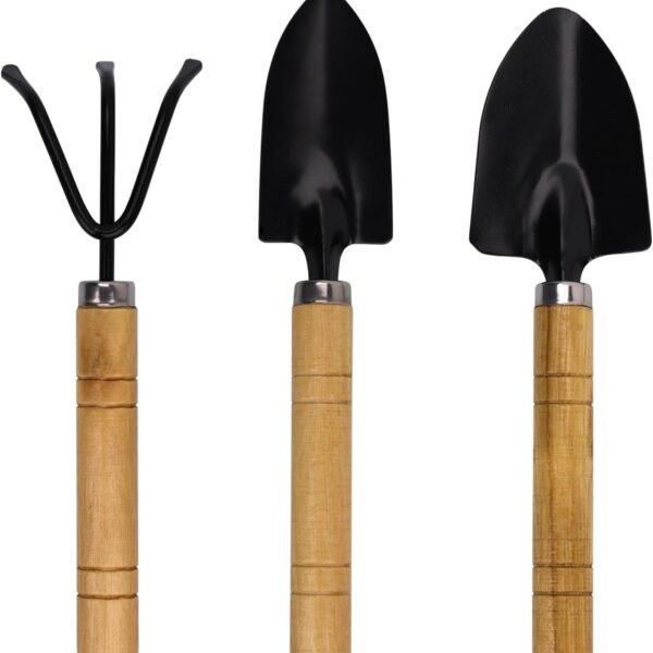 Kids Gardening Tools Set, 3-Piece Shovel Trowel Rake Kit | Wooden Handles, Metal Heads, For Succulents, Pots, Garden Beds, Indoor & Outdoor Use