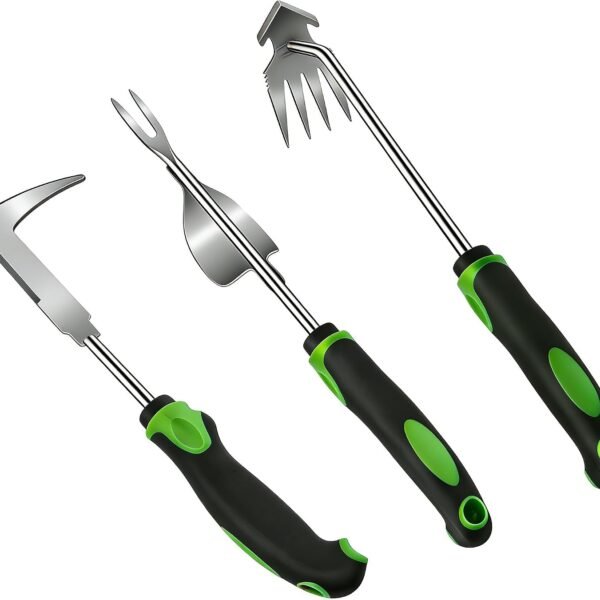 3 Piece Weeding Tool Set, Stainless Steel Hand Weeder Kit with Rubber Handles, Crack Weeder, Weed Puller and Crevice Tool for Lawn, Flower Beds, Sidewalk Cracks, Patio and Between Pavers