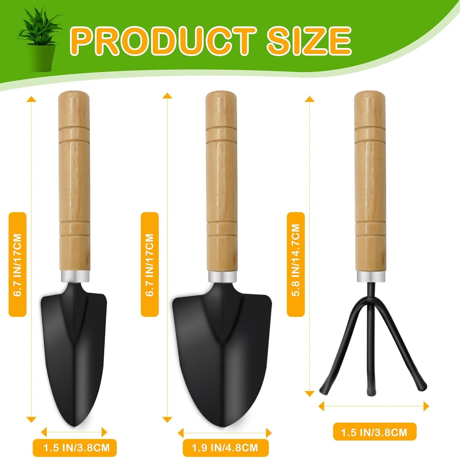 Mini Garden Tools for House Plants,Small Trowel,Mini Shovel and Hand Rake | Small Garden Tools for Succulent,Bonsai,Pot Plants,Rust-Resistant Heads;Non-Slip Wooden Handles,Repotting and Soil Loosening - Image 2