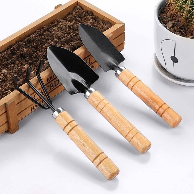 3 Pcs Mini Gardening Tool Set, Shovel, Spade, Rake Kit with Ergonomic Wooden Handles, Ideal for Planting, Weeding and Cultivating, Gardening Plant Tool for Cactus Herbs Indoor Miniature Plants (1 Set)