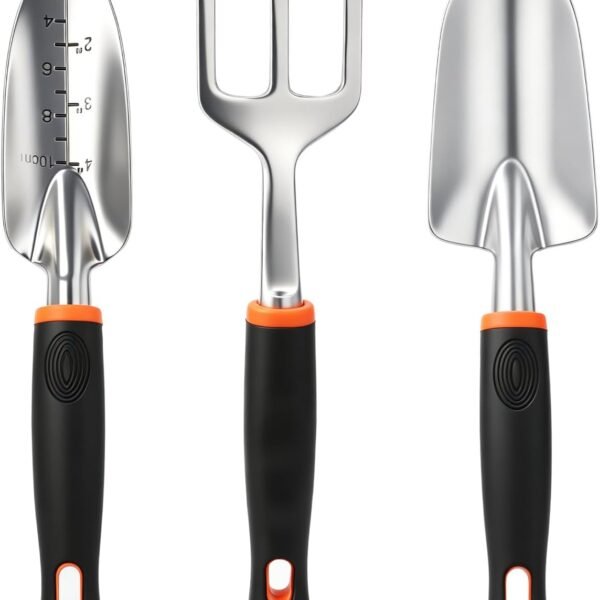 3-in-1 Garden Tool Set, Heavy Duty Gardening Hand Tools with Hand Trowel, Transplant Trowel & Hand Rake, Aluminum Alloy Garden Kit with Ergonomic Non-Slip Handle for Digging Planting Weeding