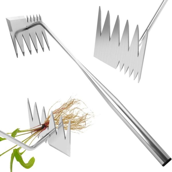 Weed Puller Tool,Upgraded 6 Teeth Portable Manual Weeding Tools Gardening | Dual Head Stainless Steel Hand Garden Weeding Rake,Multi-Purpose 17.7" Weed Remover Tool Weeding Tools for Gardening