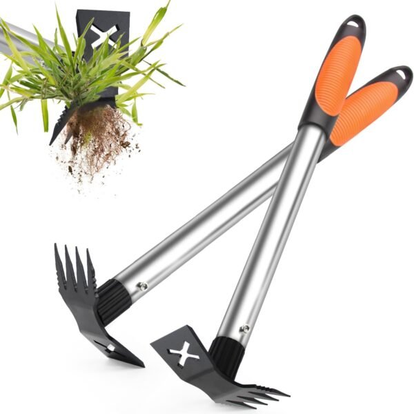 2 in 1 Manual Weeding Rake and Garden Hoe for Yard Lawn Patio Garden | 2 Pack Weed Puller Tool, 17" Long Handle Uprooting Weeder Remover Tool, Portable Gardening Hand Tools for Flower Planting