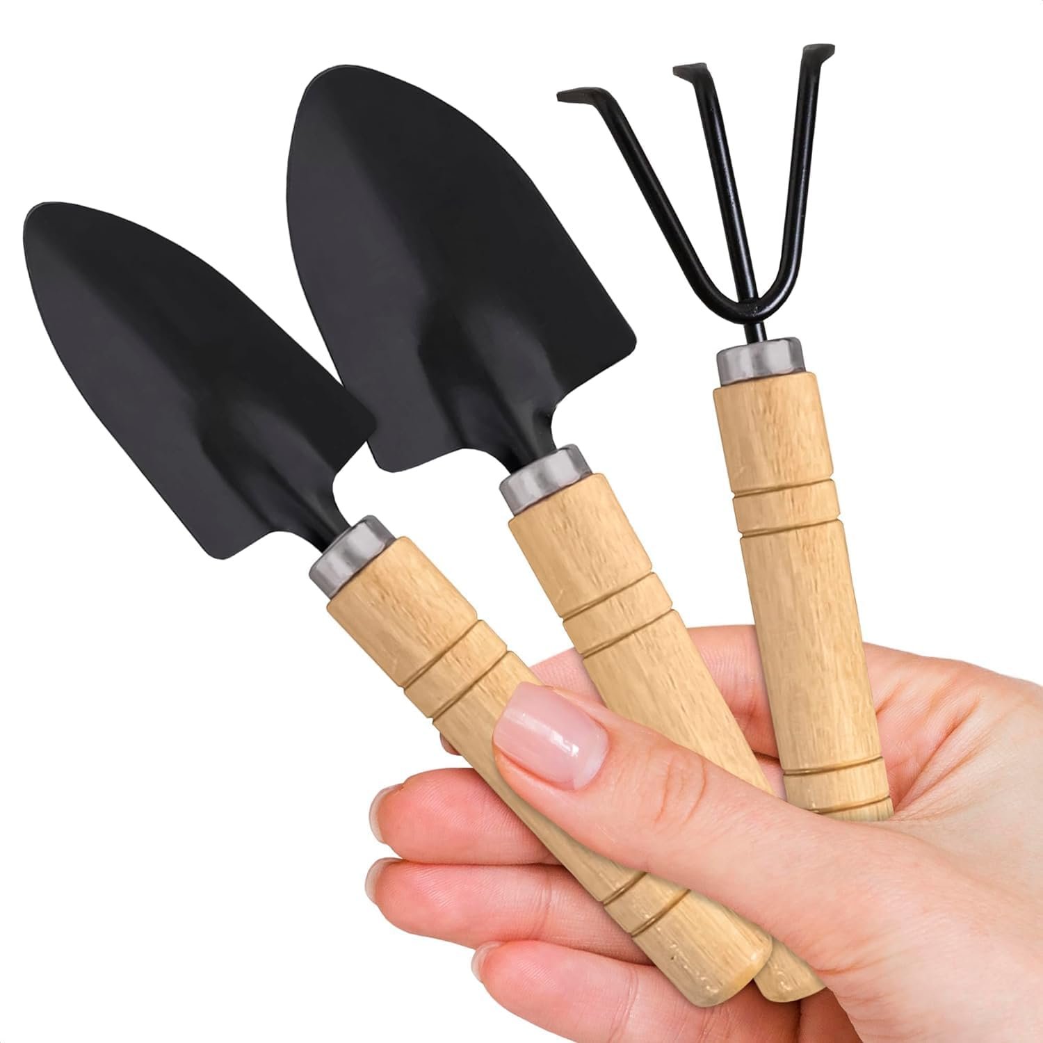Mini Garden Tools for House Plants, Mini Shovel, Trowel & Hand Rake | Small Garden Tools for Potted Plants, Bonsai and Succulents; Rust-Resistant Heads; Wood Handles; Repotting and Soil Loosening