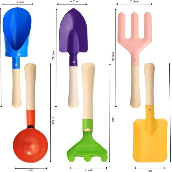 Alternative view of 6 PCS 8" Kids Gardening Tools, Metal Beach Sandbox Digging Toys with Sturdy Wooden Handle, Safe Backyard Snow Sensory Playset Including Cylinder, Spoon, Fork, Rake, Flat & Pointed Shovels for Children