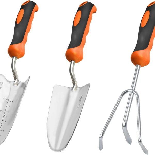 Garden Tool Set with Heavy-Duty Trowel, Transplanter & Cultivator | 3-in-1 Garden Tool for Digging & Planting, Polished Cast-Aluminum Head for Rust Resistance, SoftGrip Handle Reduce Fatigue