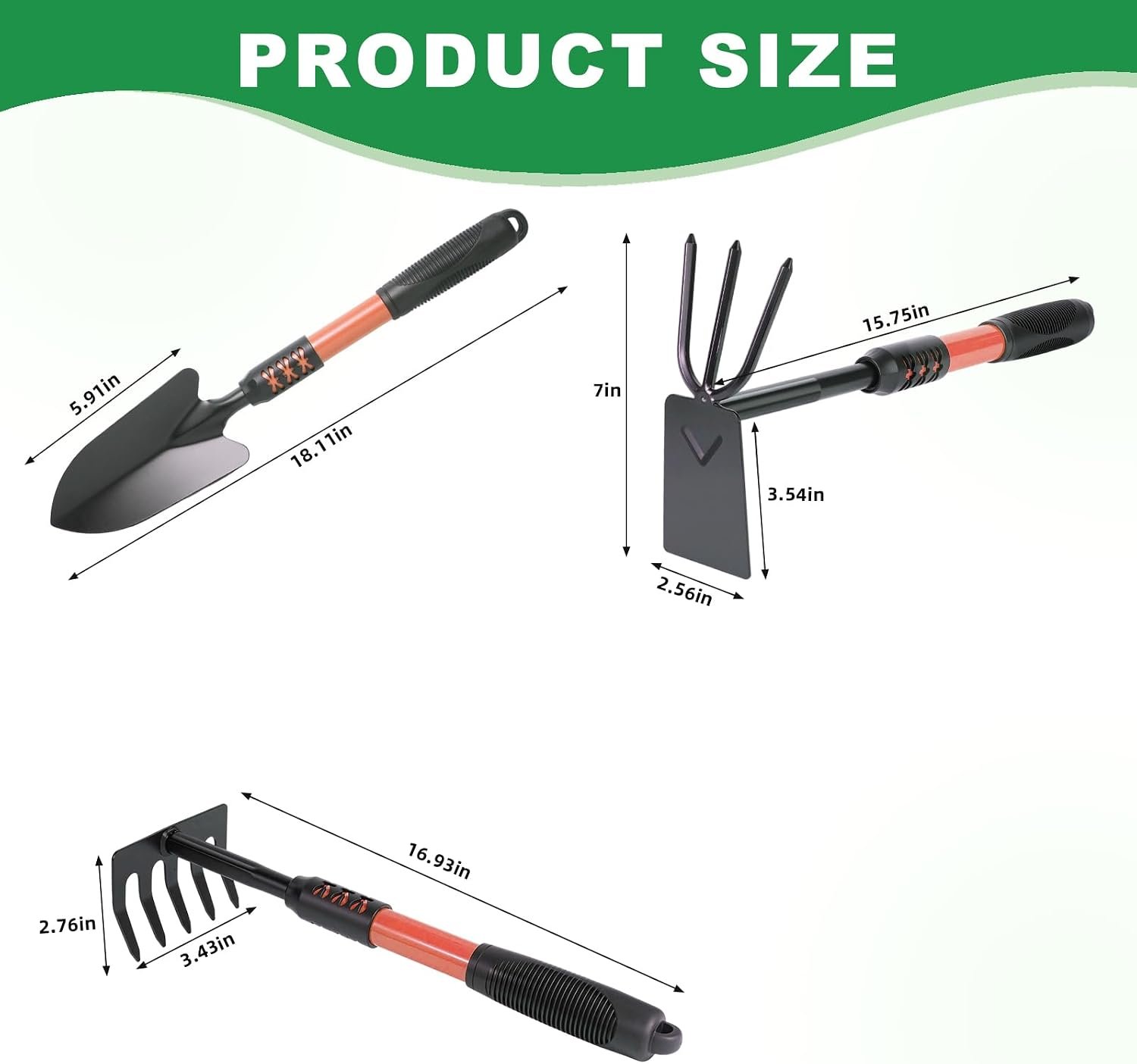 Garden Tool Set, 3 Pack Lightweight Heavy Gardening Kit Including Hand Shovel, Transplant Shovel and Hand Rake with Soft Rubber Non-Slip Handle, for Planting Weeding Digging, Orange - Image 2