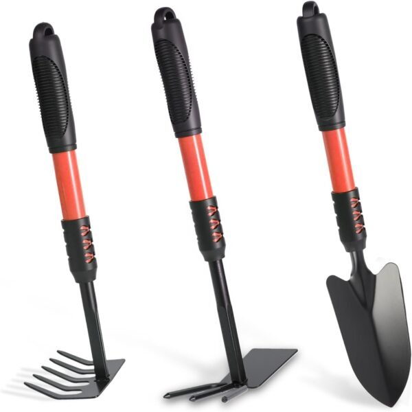 Garden Tool Set, 3 Pack Lightweight Heavy Gardening Kit Including Hand Shovel, Transplant Shovel and Hand Rake with Soft Rubber Non-Slip Handle, for Planting Weeding Digging, Orange