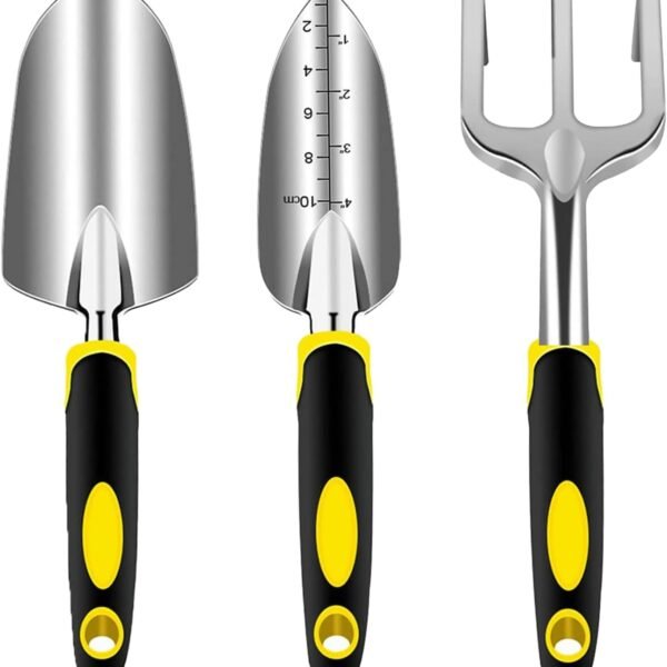 Garden Tool Set, 3 Piece Gardening Tools Includes Garden Trowel, Transplant Trowel and Hand Rake with Non-Slip Ergonomic Handle, Heavy Duty Garden Kit for Planting, Garden Gifts, Yellow