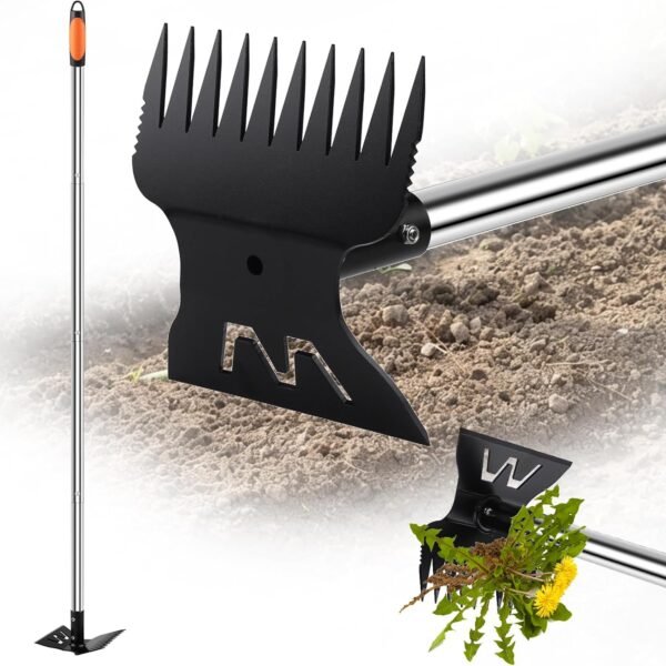 Larger Weed Puller Tool with Long Handle, 2-in-1 Heavy Duty Weed Rake & Hoe | 10 Teeth Weeding Rake, 57" Long Handle Garden Hoe, Weed Remover Hoe Garden Tool for Weeding, Manual Weeder for Garden, Patio