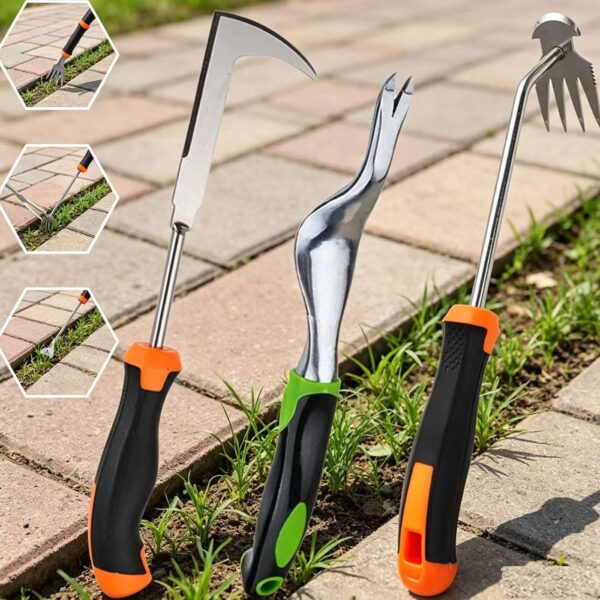 3-Piece Heavy Duty Weeding Tool Set - Stainless Steel Crevice Weeder, Root Remover & Weed Puller with Ergonomic Handles for Patio, Sidewalk and Garden Lawn Weed Removal