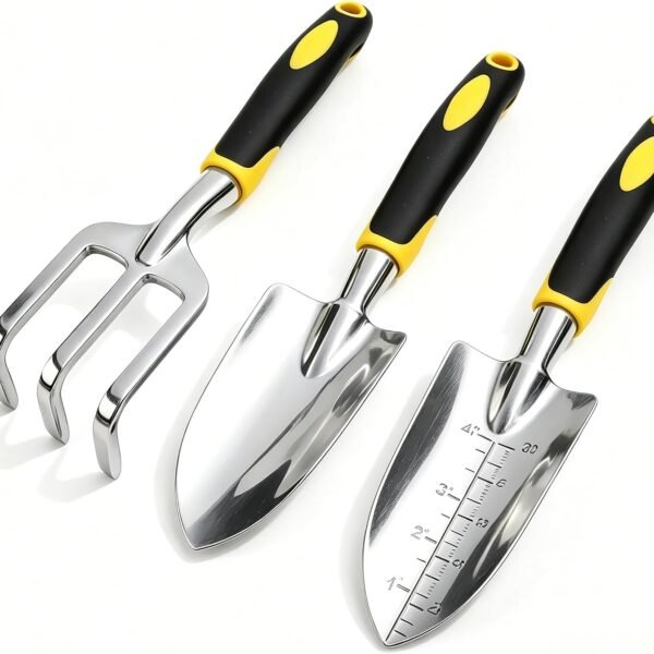 Stainless Steel Garden Tool Set，3 Pieces, Including Hand Shovel & Transplant Shovel & Hand Rake with Non-Slip Soft Ergonomic Handle (Yellow)
