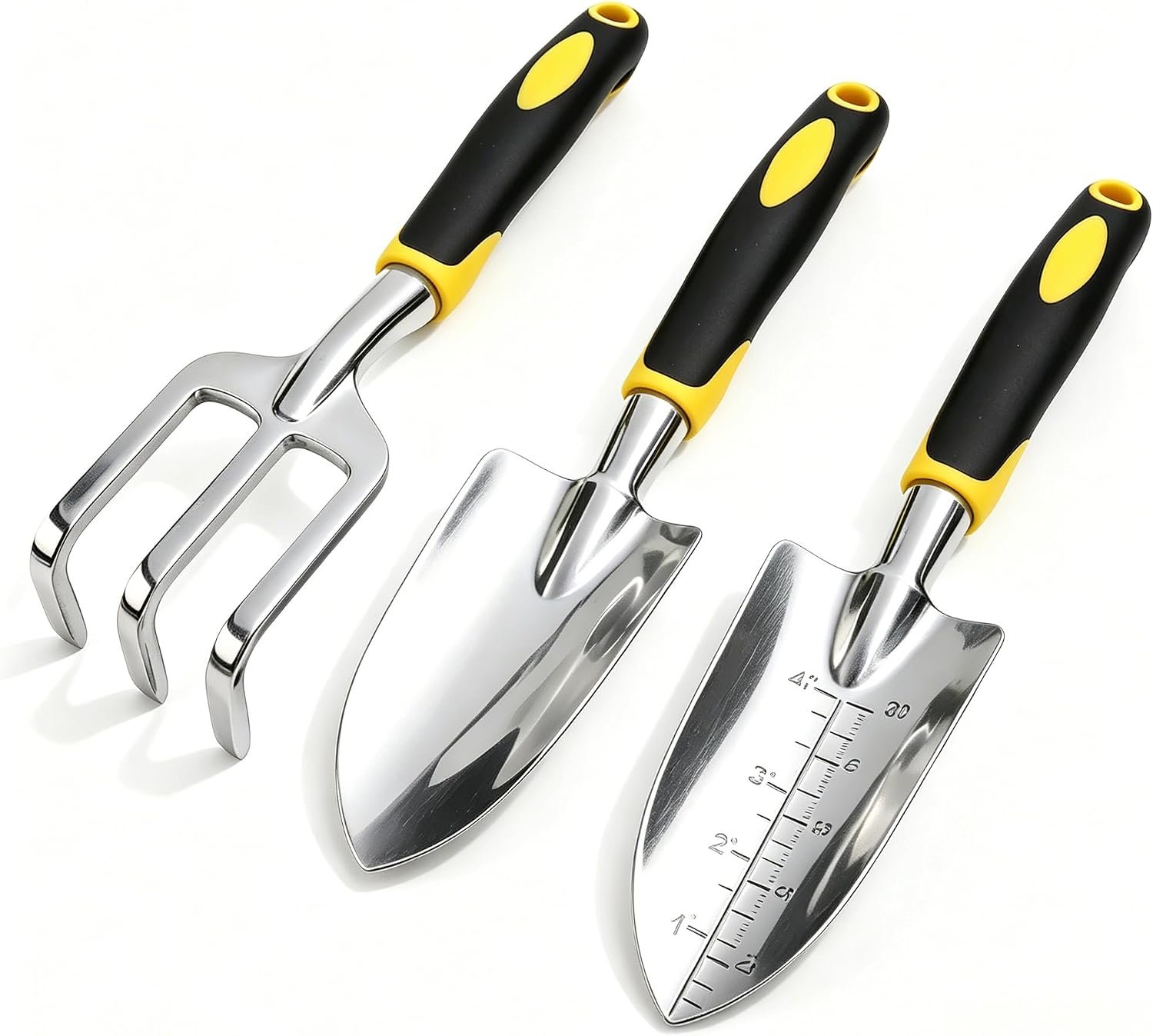 Stainless Steel Garden Tool Set,3 Pieces, Including Hand Shovel & Transplant Shovel & Hand Rake with Non-Slip Soft Ergonomic Handle (Yellow)