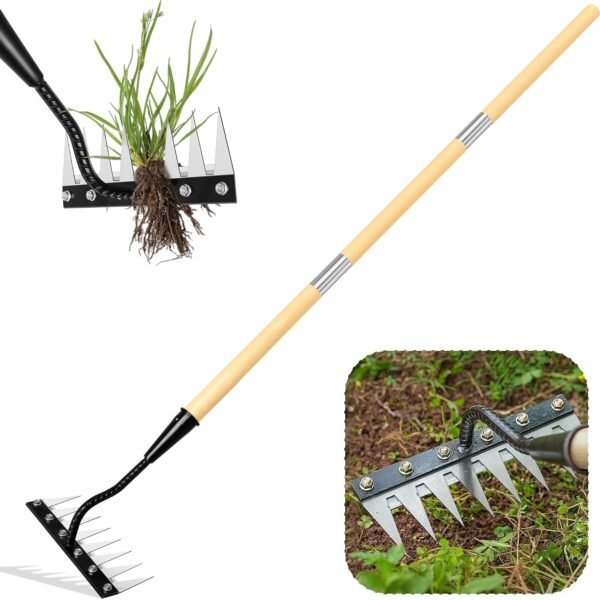 Iron Weeding Rake with Long Handle 2.0, Upgraded 8 Teeths Garden Weed Puller Tool Heavy Duty Gardening Tool for Lawn, Flower Beds & Soil Aeration