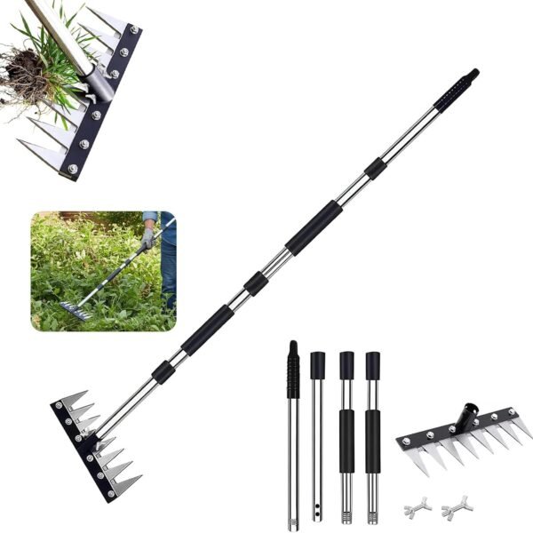 Iron Rake for Weeding, Garden Metal Rake Heavy Duty with 60 Inch Long Handle, Garden Weeding Rake Tools, 8 Tines Gardening Weed Rake Tool, Weeder Tool Weed Puller for Backyard Farm Planting Weeding