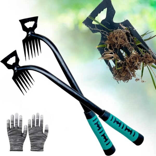 2Pcs Weed Puller Tool- 6 Teeth Manganese Steel Gardening Hand Weeder Tools | Uprooting Weeding Tool, Weed Removal TooL, Dual Purpose, Portable, Non-Slip, Weed Pulling Tool for Yard Garden Lawn Farm