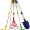 Kids Garden Tool Set Toy 4-Piece - Shovel, Rake, Hoe, Leaf Rake, Wooden Gardening Tools for Kids Best Outdoor Toys Gift for Boys and Girls