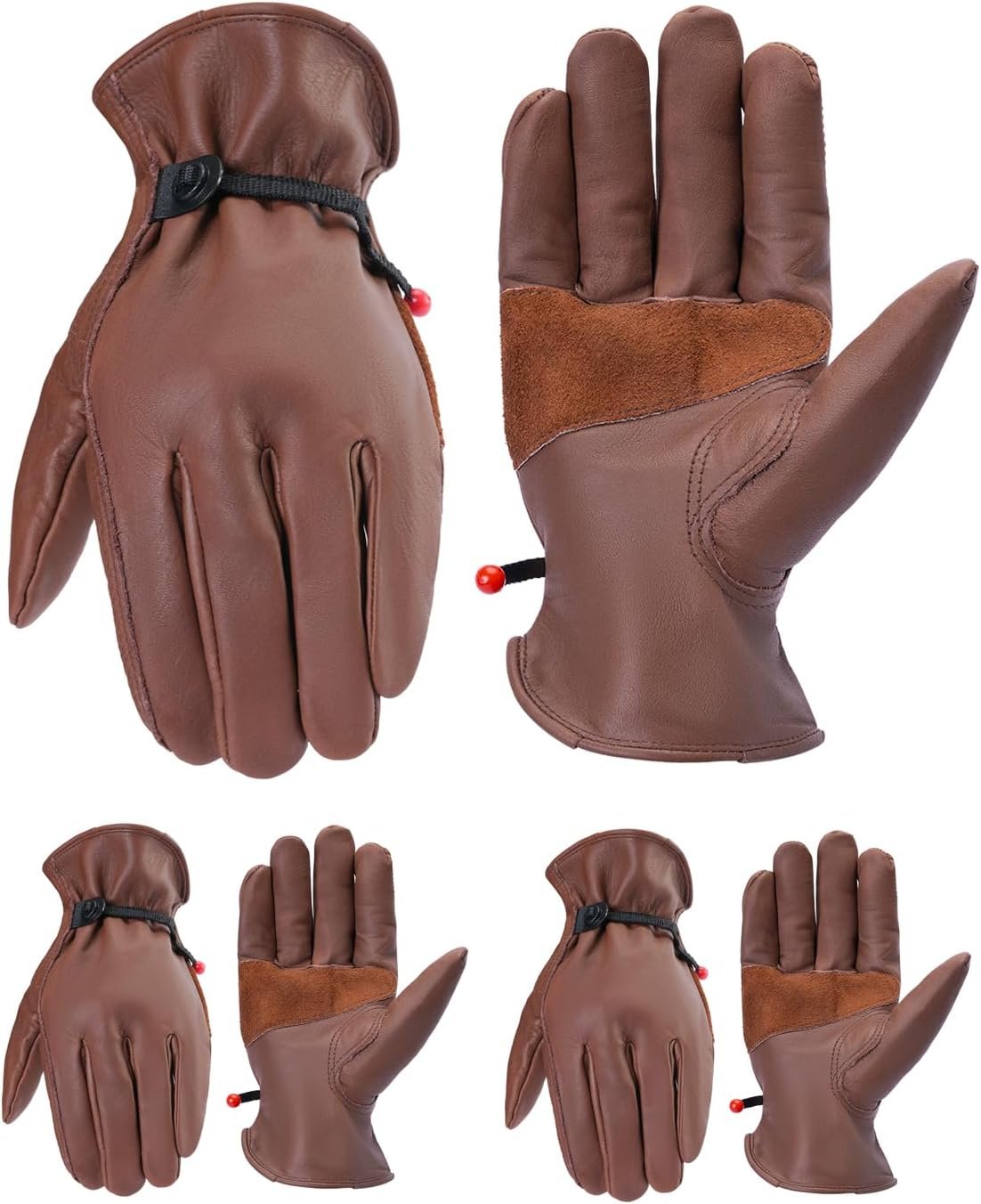 3 Pairs Leather Work Gloves for Men Women, Cowhide Gardening Construction Gloves with Wrist Closure for Driver, DIY