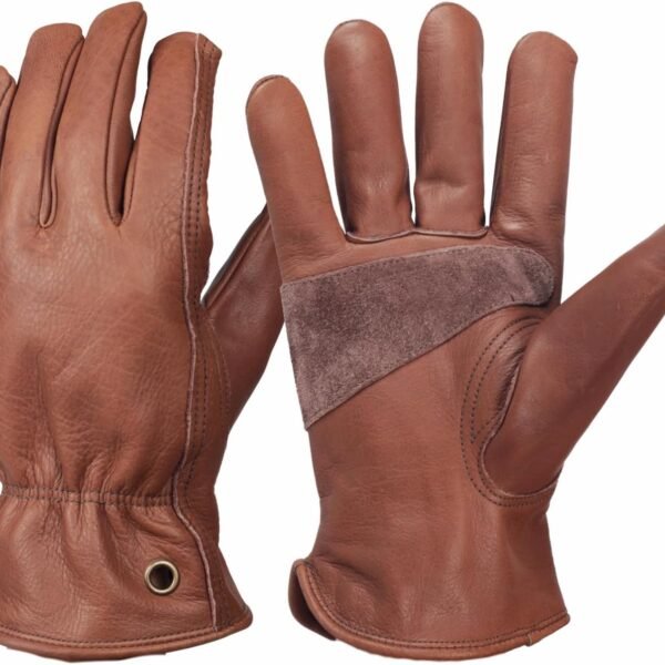 Retro Brown Cowhide Leather Work Gloves for Construction, Yardwork, Gardening with Reinforced Palm for Men & Women