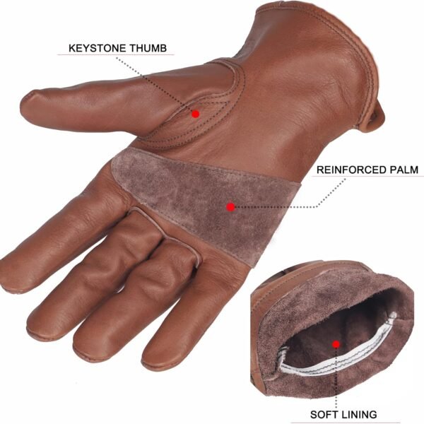 Alternative view of Retro Brown Cowhide Leather Work Gloves for Construction, Yardwork, Gardening with Reinforced Palm for Men & Women
