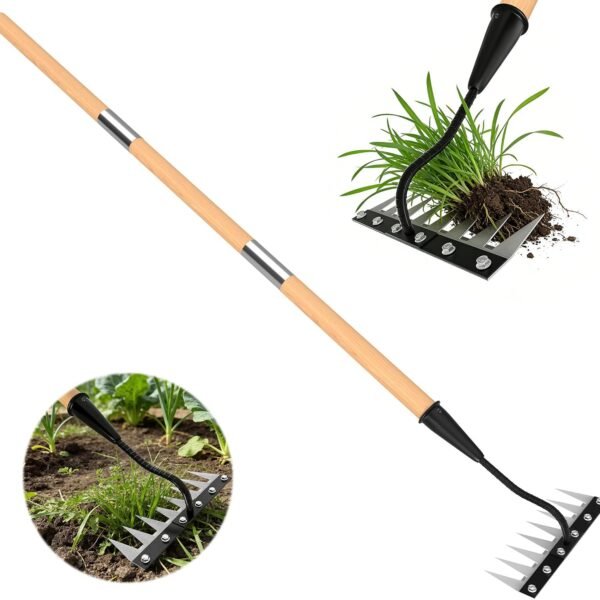 Iron Weeding Rake with Wooden Long Handle 2.0, 8 Teeth Weed Puller Tool Heavy Duty, Manual Gardenia Weed Rake Tool for Yard, Lawn and Garden, 56Inch
