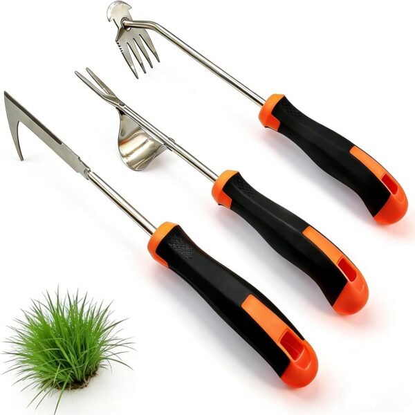3 in 1 Garden Weeding Tool Set – Manganese Steel Weed Puller, Crack & Crevice Weeder, Ergonomic Scratch Tool for Vegetable Gardening, Lawn Yard Flower Bed Weeding – Heavy Duty Rustproof Hand Tools