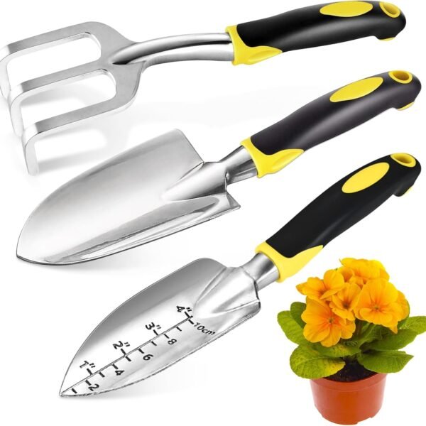 3 Pcs Heavy Duty Garden Tool Set, Garden Shovel Trowel, Weeding Hand Rake | Gardening Tool Set, Shovel, Trowel, Hand Rake, with Soft Rubberized Non-Slip Ergonomic Handle