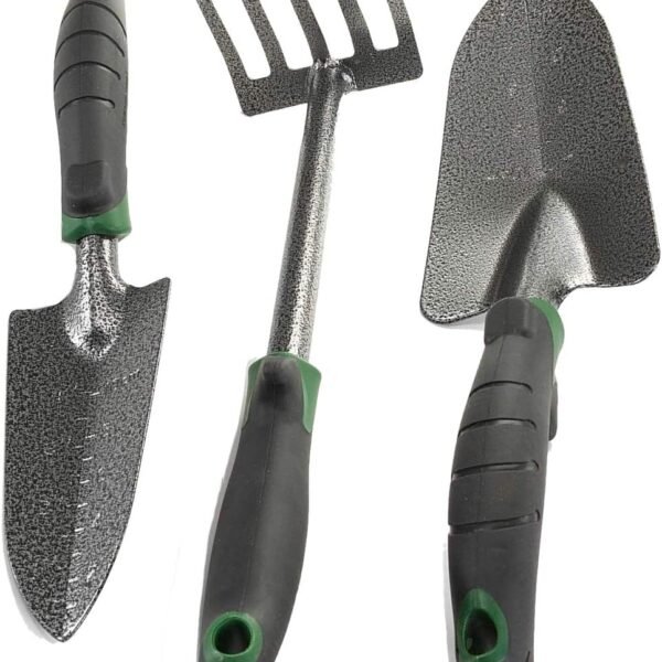 Garden Tool Set - Heavy Duty Carbon Steel Trowel, Transplanter, Hand Rake - 3 Piece Garden Tool Set with Bend-Proof Design - Ergo Rubber Grip Handles