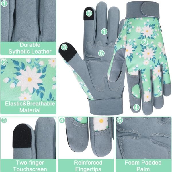 Alternative view of Gardening Gloves for Women, Thorn Proof Garden Gloves with Touchscreen | Leather Palm Breathable Back, Cute Floral Printed Ladies Work Glove for Outdoor Yardwork