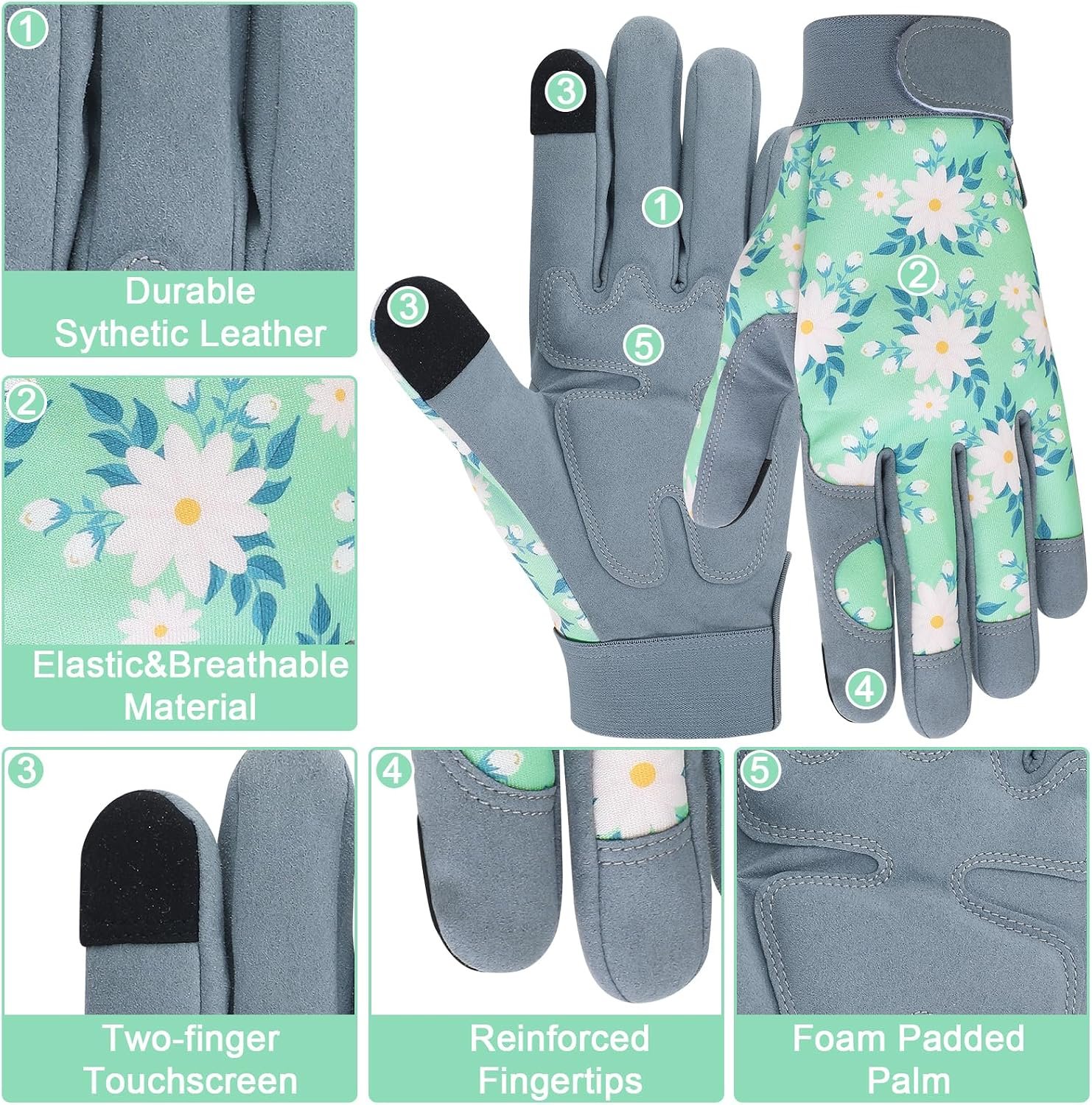 Gardening Gloves for Women, Thorn Proof Garden Gloves with Touchscreen | Leather Palm Breathable Back, Cute Floral Printed Ladies Work Glove for Outdoor Yardwork - Image 2