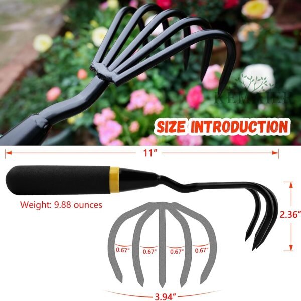 Alternative view of Hand Rake Cultivator - 5-Claw Heavy Duty Stainless Steel Tool | Sharp Wolf-Claw Design, Narrow Tine Spacing, For Sifting Stones And Roots