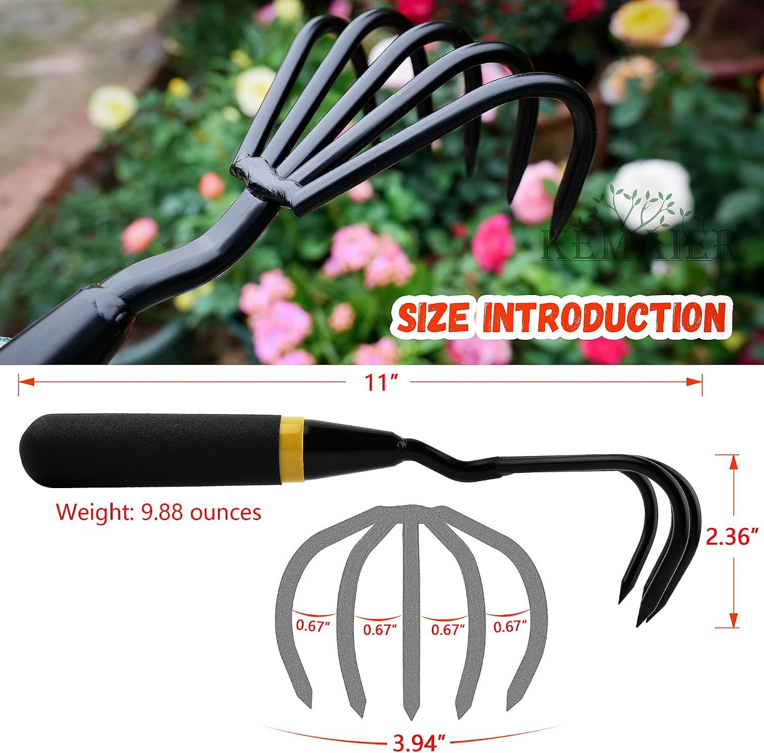 Hand Rake Cultivator - 5-Claw Heavy Duty Stainless Steel Tool | Sharp Wolf-Claw Design, Narrow Tine Spacing, For Sifting Stones And Roots - Image 2