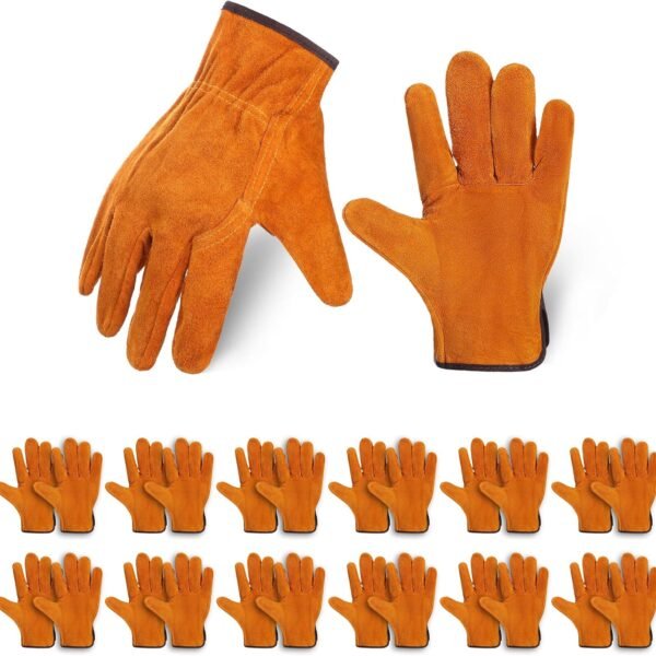 12 Pairs Leather Work Gloves Cowhide Leather Gardening Gloves with Reinforced Palm and Elastic Band, Thick Leathers Glove for Men Women Construction, Wood Cutting, Driving, Automotive Repair (Yellow)