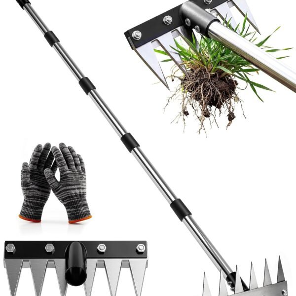 Weeding Rake Puller Tool for Garden,Heavy Duty Iron Weed Puller Cutter Tool | 2.0 Upgraded 6 Teeth Garden Rake Manual Weed Remover with 71" Adjustable Long Handle for Lawn, Yard, Garden
