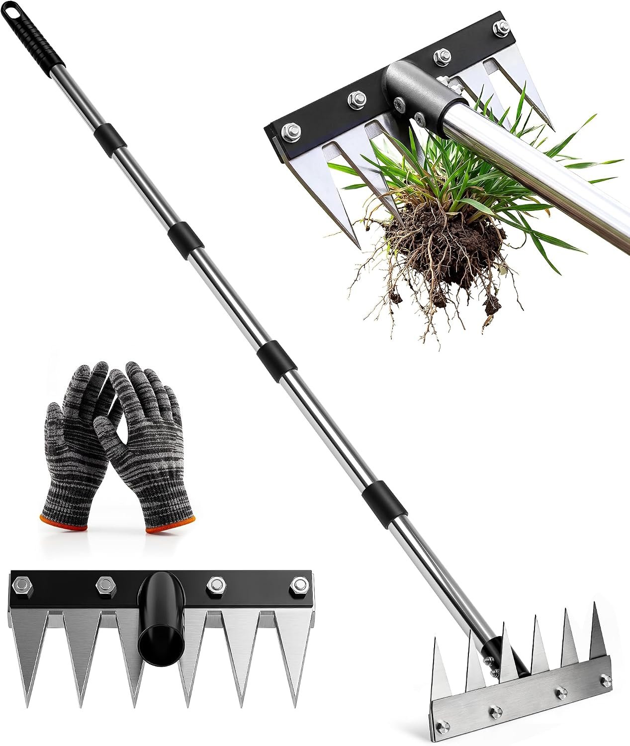 Weeding Rake Puller Tool for Garden,Heavy Duty Iron Weed Puller Cutter Tool | 2.0 Upgraded 6 Teeth Garden Rake Manual Weed Remover with 71" Adjustable Long Handle for Lawn, Yard, Garden