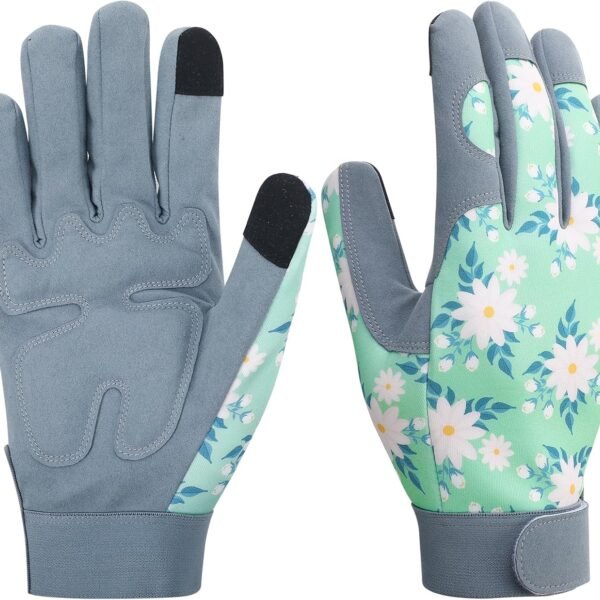 Gardening Gloves for Women, Thorn Proof Garden Gloves with Touchscreen | Leather Palm Breathable Back, Cute Floral Printed Ladies Work Glove for Outdoor Yardwork