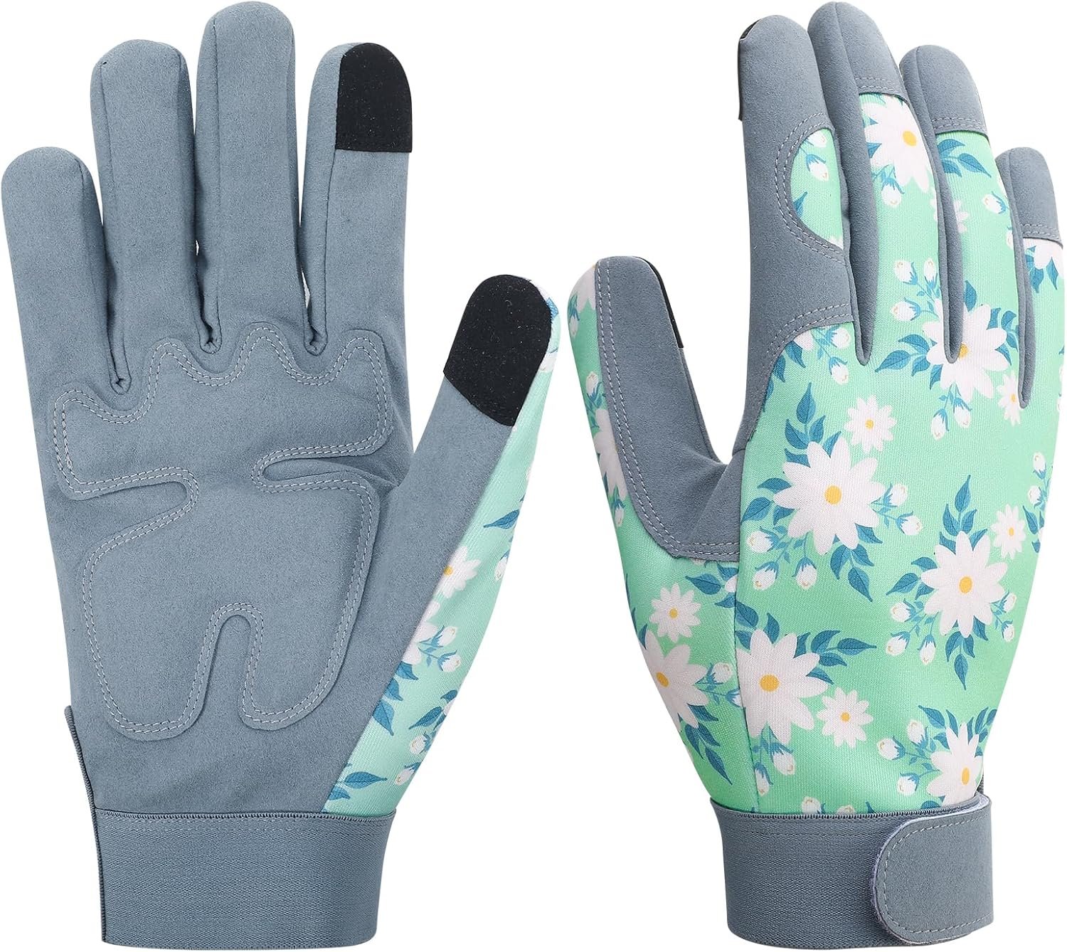 Gardening Gloves for Women, Thorn Proof Garden Gloves with Touchscreen | Leather Palm Breathable Back, Cute Floral Printed Ladies Work Glove for Outdoor Yardwork