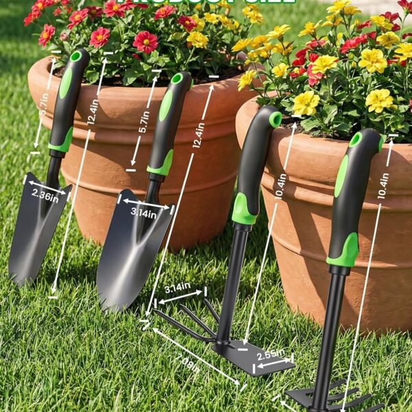 Alternative view of 4-Piece Garden Tool Set, Heavy Duty Gardening Hand Tools with Soft Rubber Handle,Green,Premium Stailess Steel,Include Hand Shovel,Transplant Trowel,Hand Rakes, 2-in-1 Hoe and Cultivator