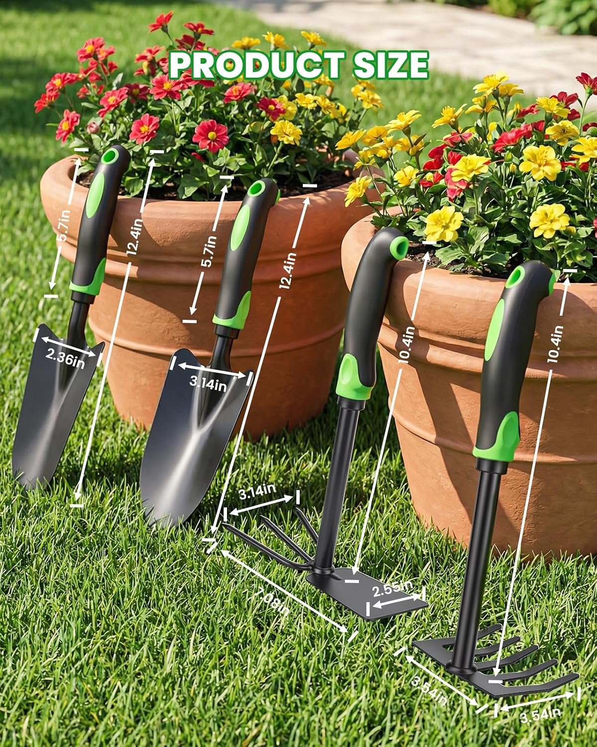 4-Piece Garden Tool Set, Heavy Duty Gardening Hand Tools with Soft Rubber Handle,Green,Premium Stailess Steel,Include Hand Shovel,Transplant Trowel,Hand Rakes, 2-in-1 Hoe and Cultivator - Image 2