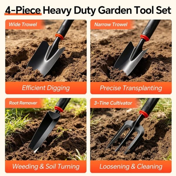 Alternative view of 4-Piece Heavy-Duty Garden Tool Set, Wide & Narrow Trowel, Root Remover, 3-Tine Cultivator, Hand Rake with Soft Rubber Non-Slip Handle, Idea Gift for Women, Mother