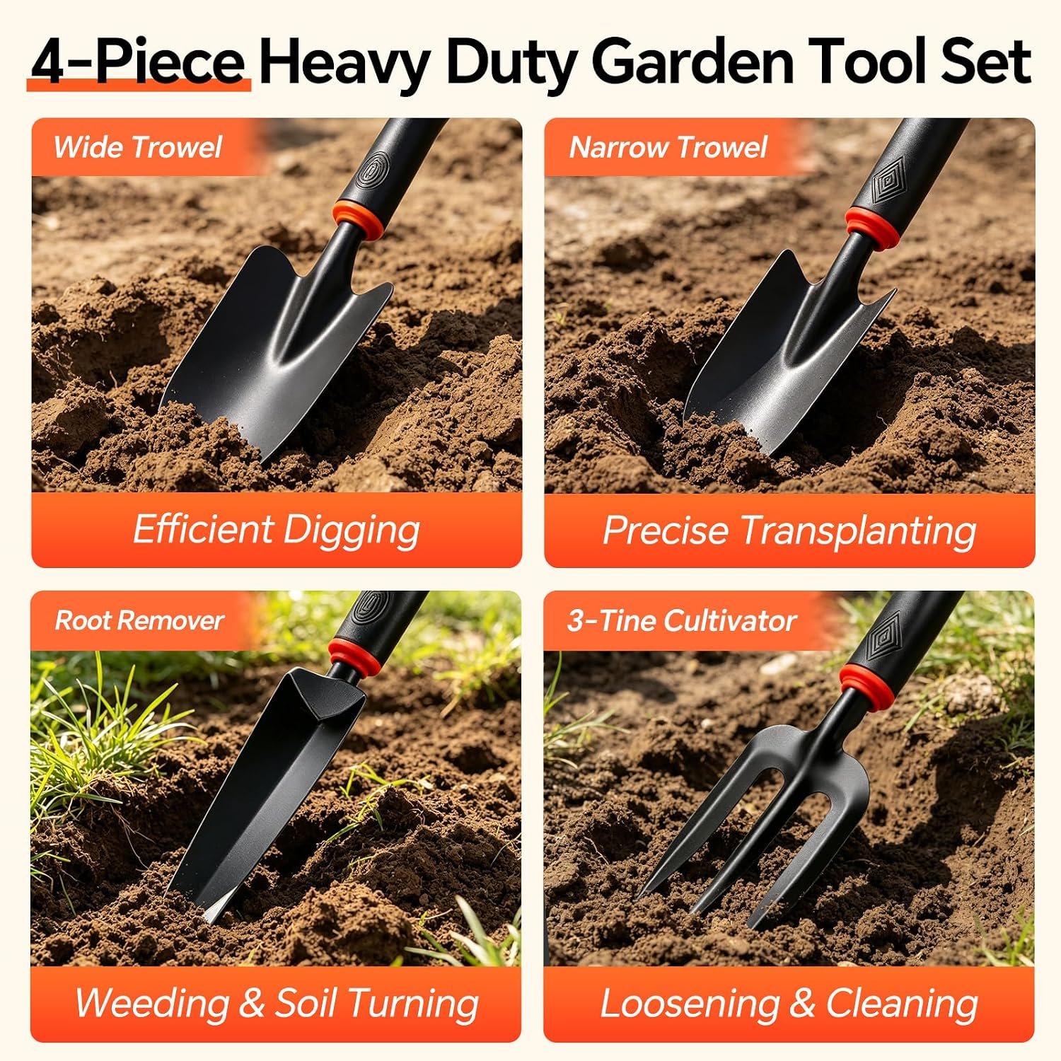 4-Piece Heavy-Duty Garden Tool Set, Wide & Narrow Trowel, Root Remover, 3-Tine Cultivator, Hand Rake with Soft Rubber Non-Slip Handle, Idea Gift for Women, Mother - Image 2