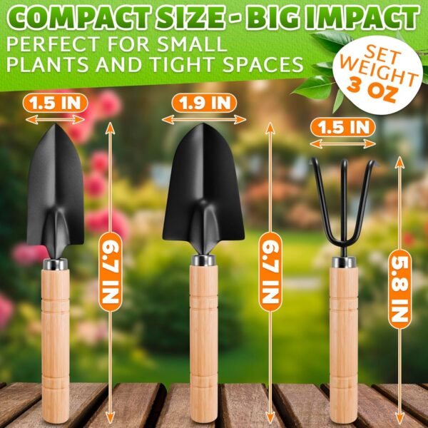 Alternative view of Mini Garden Tools for House Plants, Mini Shovel, Trowel & Hand Rake | Small Garden Tools for Potted Plants, Bonsai and Succulents; Rust-Resistant Heads; Wood Handles; Repotting and Soil Loosening
