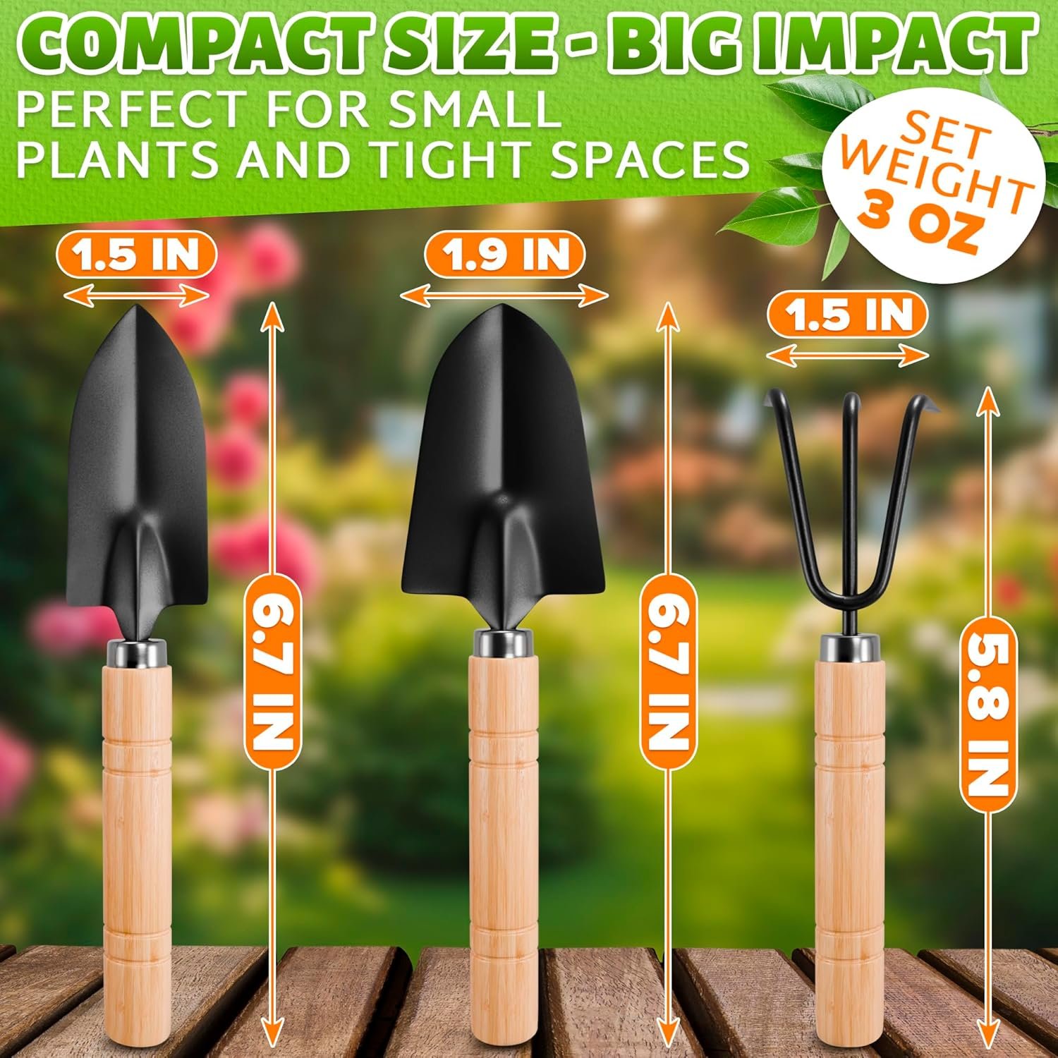 Mini Garden Tools for House Plants, Mini Shovel, Trowel & Hand Rake | Small Garden Tools for Potted Plants, Bonsai and Succulents; Rust-Resistant Heads; Wood Handles; Repotting and Soil Loosening - Image 2