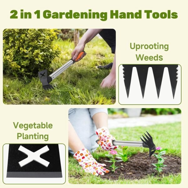 Alternative view of 2 in 1 Manual Weeding Rake and Garden Hoe for Yard Lawn Patio Garden | 2 Pack Weed Puller Tool, 17" Long Handle Uprooting Weeder Remover Tool, Portable Gardening Hand Tools for Flower Planting