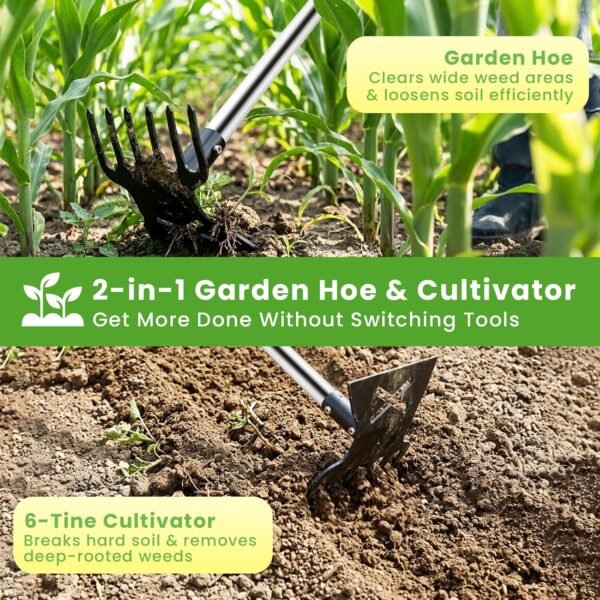 Alternative view of 2 in 1 Garden Hoe for Weeding and Cultivator Rake with 57" Long Handle | Heavy Duty Garden Weeders and 6-Tine Cultivators, Adjustable Handle Hoe Garden Tool for Weeding, Planting, Loosening Soil